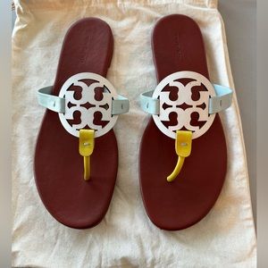 Tory Burch Miller Blue and Yellow with White Sandals: 10.5 w/dust bag. Like New.